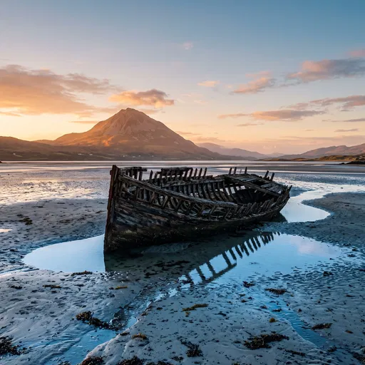 Weathered Shipwreck on Beach at Sunset