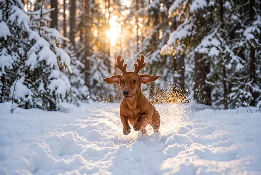 Dachshund Wearing Antlers Running in Snow