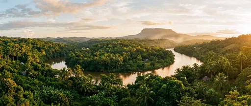 Winding Tropical River and Flat-Topped Mountain