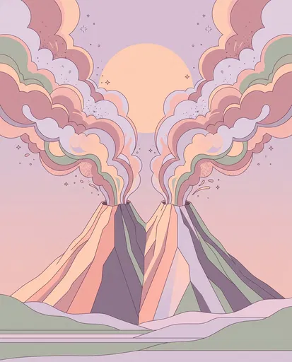 Pastel Twin Volcano Eruption Illustration