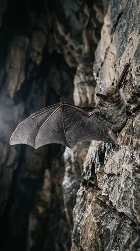 Bat Unfurling Wing on Cave Wall