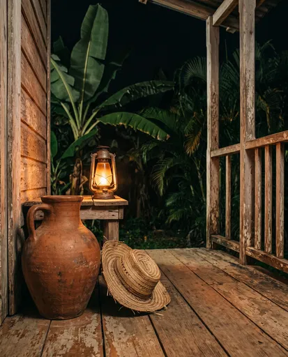 Rustic Porch With Lantern and Clay Pitcher