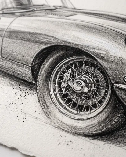 Close-Up Charcoal Drawing of Vintage Car Wheel