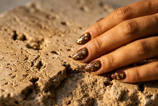 Brown And Gold Almond Nails On Stone