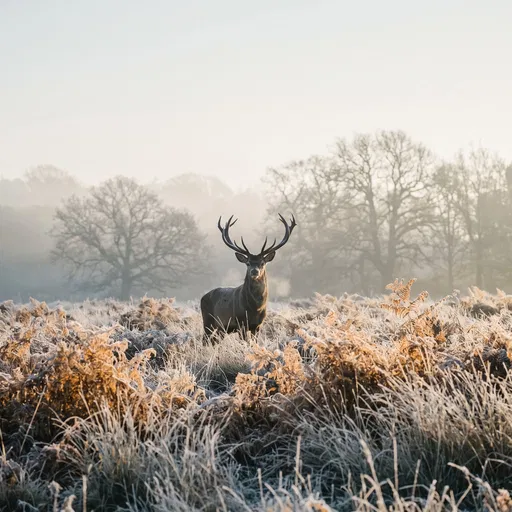 Solitary Stag in Frosty Dawn Meadow