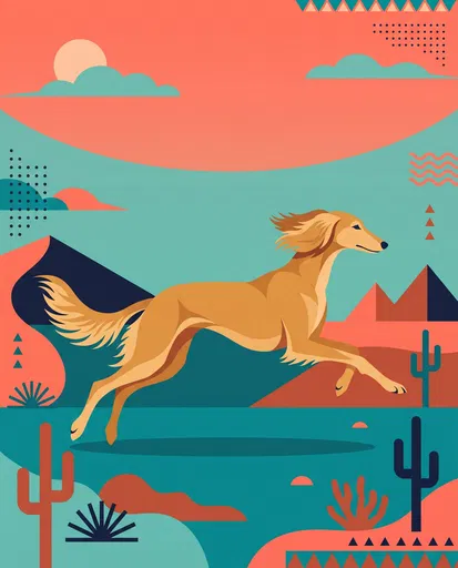 Golden Saluki Leaping in Geometric Desert