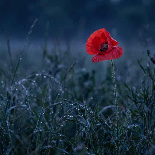 Red Poppy in Dewy Blue Hour Meadow