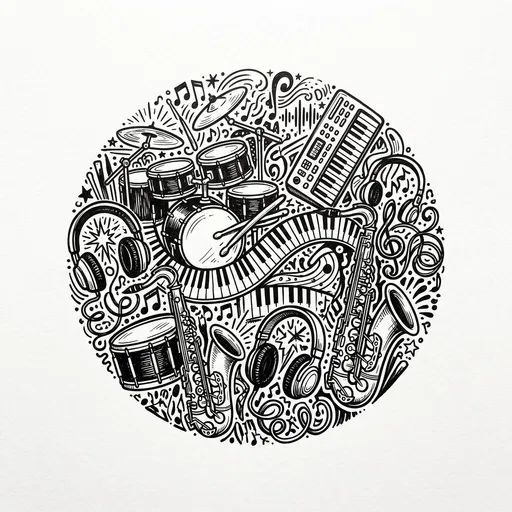 Circular Black Ink Musical Instruments Doodle
