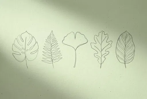 Minimalist Line Drawing of Five Botanical Leaves
