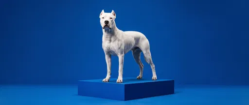 White Dogo Argentino on Blue Plinth