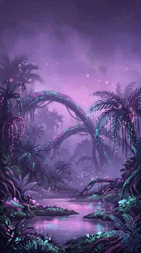 Bioluminescent Alien Jungle in Purple Twilight