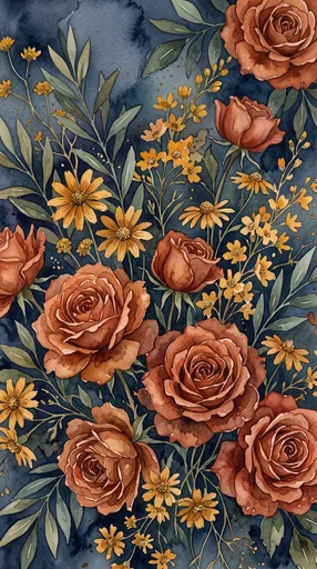 Watercolor Terracotta Roses and Wildflowers Background