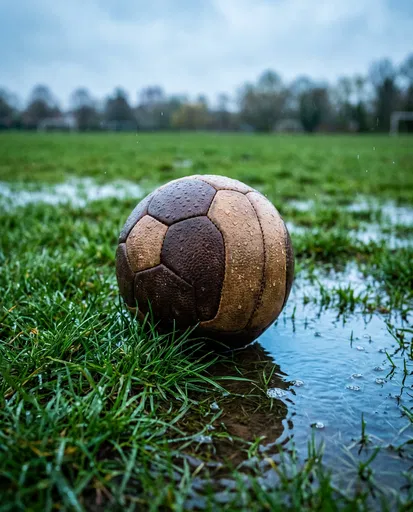 Wet Leather Soccer Ball on Rainy Pitch