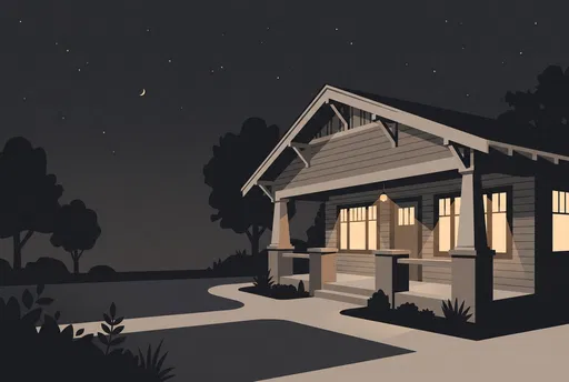 Minimalist Craftsman Bungalow at Night Illustration