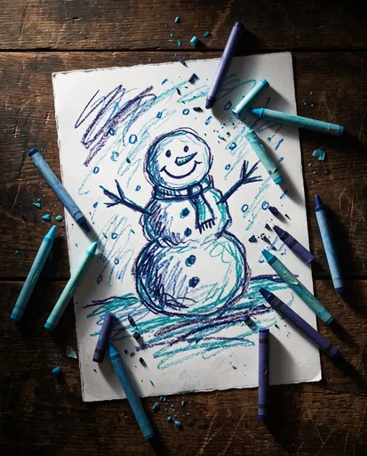 Blue Crayon Snowman Drawing on Wood