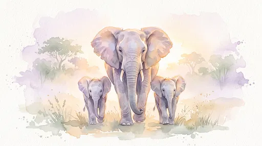 Watercolor Mother Elephant and Two Calves