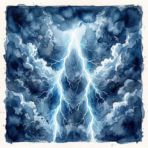 Symmetrical Blue Watercolor Lightning Storm Painting