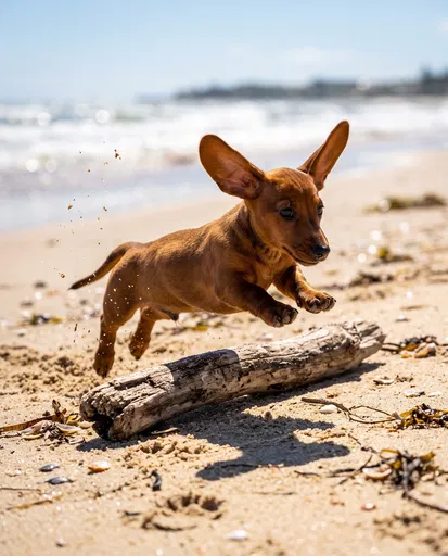 Dachshund Puppy Jumping Over Beach Driftwood
