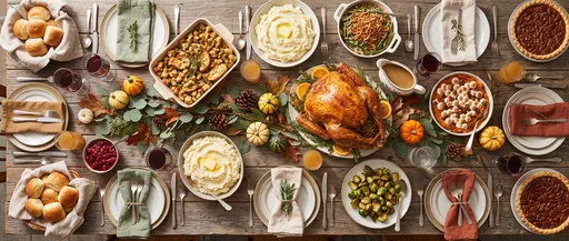 Overhead Thanksgiving Feast on Wooden Table
