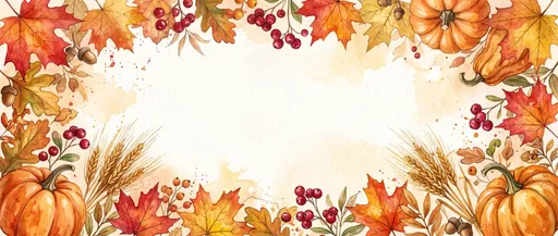 Watercolor Autumn Border with Pumpkins and Leaves