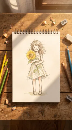 Anime Girl Sunflower Sketch on Wooden Desk