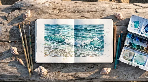Open Sketchbook With Ocean Waves Painting