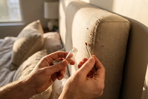 Collecting Bed Bug From Headboard With Tweezers