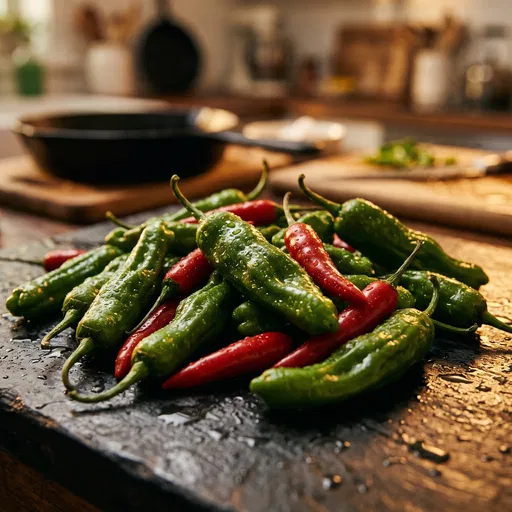 Fresh Green and Red Peppers on Slate