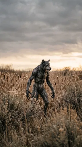 Gaunt Werewolf Standing in Autumn Reeds