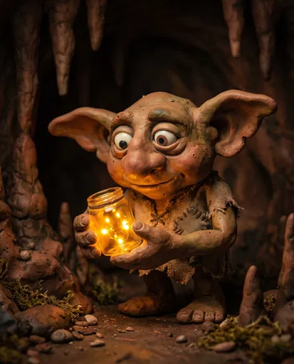 Claymation Goblin Holding Glowing Jar in Cave