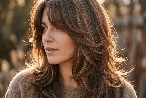 Brunette Woman With Layered Curtain Bangs