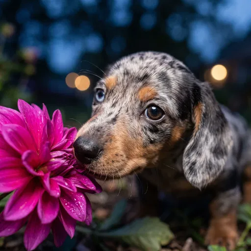 Dapple Dachshund Puppy Sniffing Magenta Flower