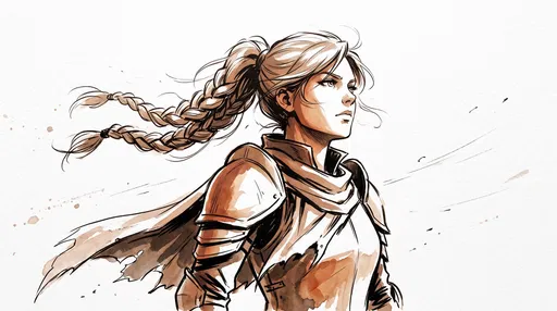 Sepia Ink Illustration of Female Knight