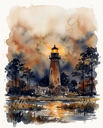 Watercolor Illustration of Coastal Lighthouse at Night
