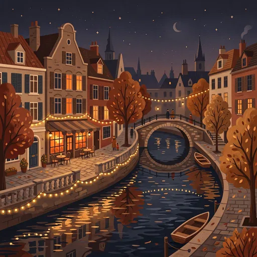 Cozy Autumn Night European Canal Town