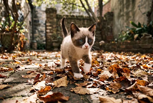 Snowshoe Kitten Walking in Autumn Leaves