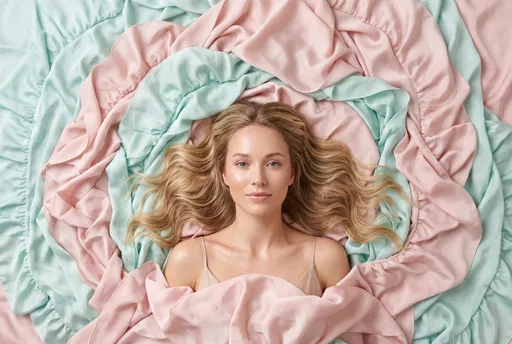 Blonde Woman Lying on Pastel Silk