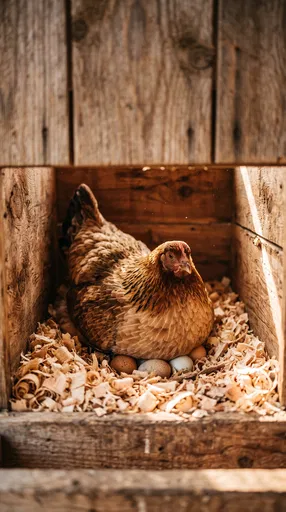 Brown Hen Sitting on Eggs in Coop