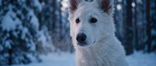 White Shepherd Puppy in Snowy Forest