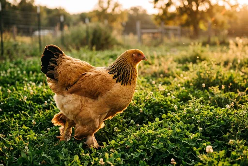 Buff Brahma Hen in Golden Hour Clover