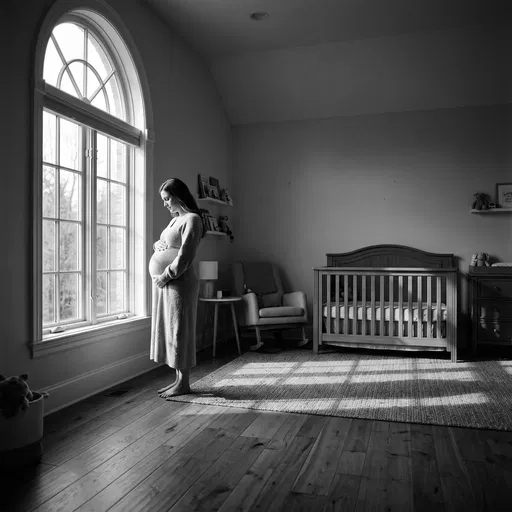 Expecting Mother Standing in Sunlit Nursery
