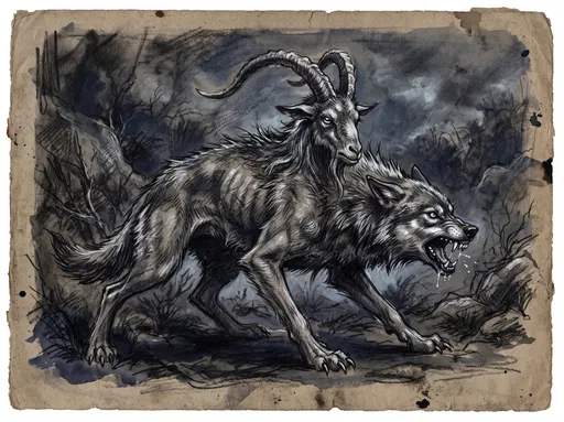Charcoal and Wash Wolf-Goat Chimera Drawing