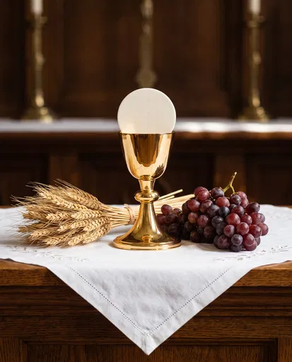Gold Chalice With Host Wheat and Grapes