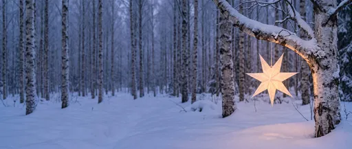 Glowing Paper Star in Winter Birch Forest
