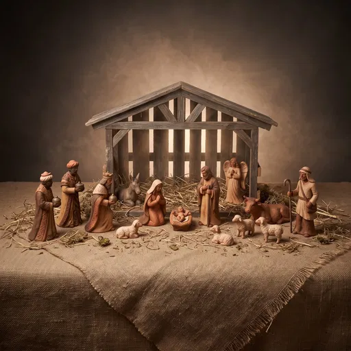 Terracotta Christmas Nativity Scene on Burlap