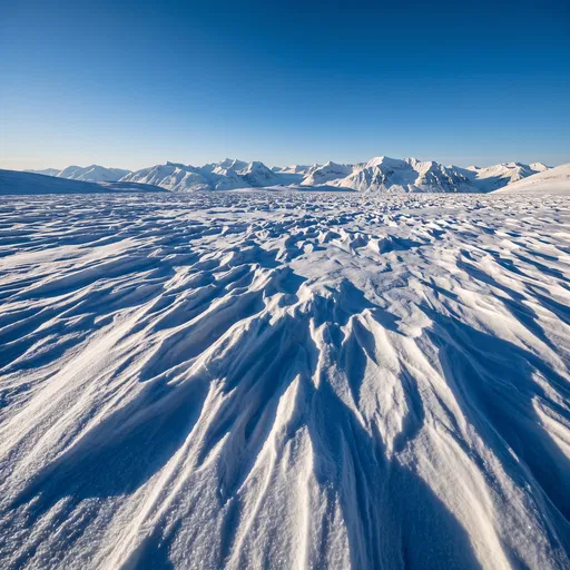 Wind-Carved Snow Dunes and Distant Mountains