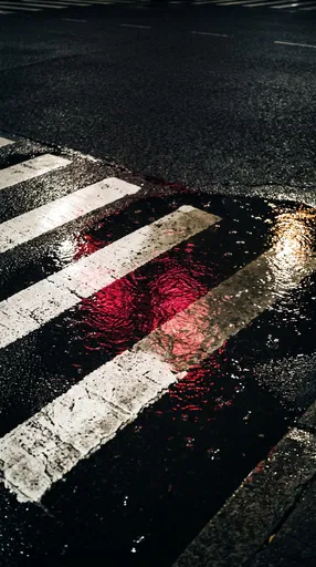 Rainy Night Crosswalk With Red Reflections