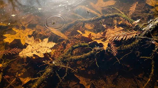 Submerged Autumn Leaves and Water Striders