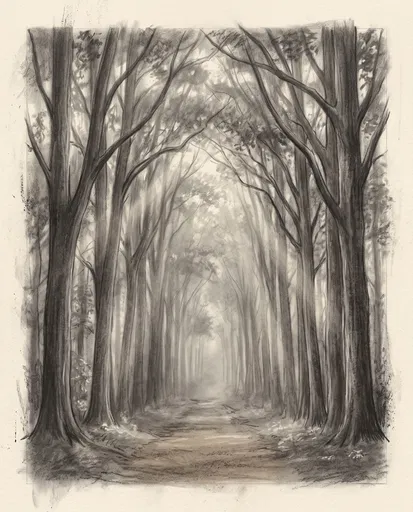 Charcoal Drawing of Sunlit Forest Path