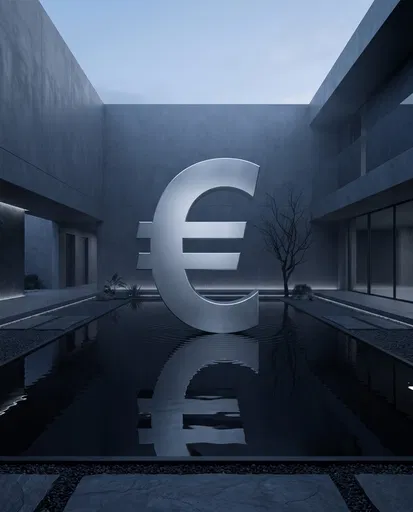 Silver Euro Symbol in Minimalist Courtyard Pool